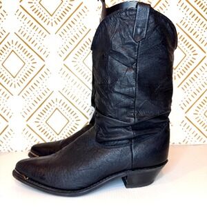 Vintage Dingo Black Leather Cowboy Boots Size 9 Slouchy Metal Toe Cap Western